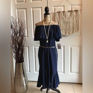 Chic Navy Blue Dress: shoulders can be styled 3 ways!